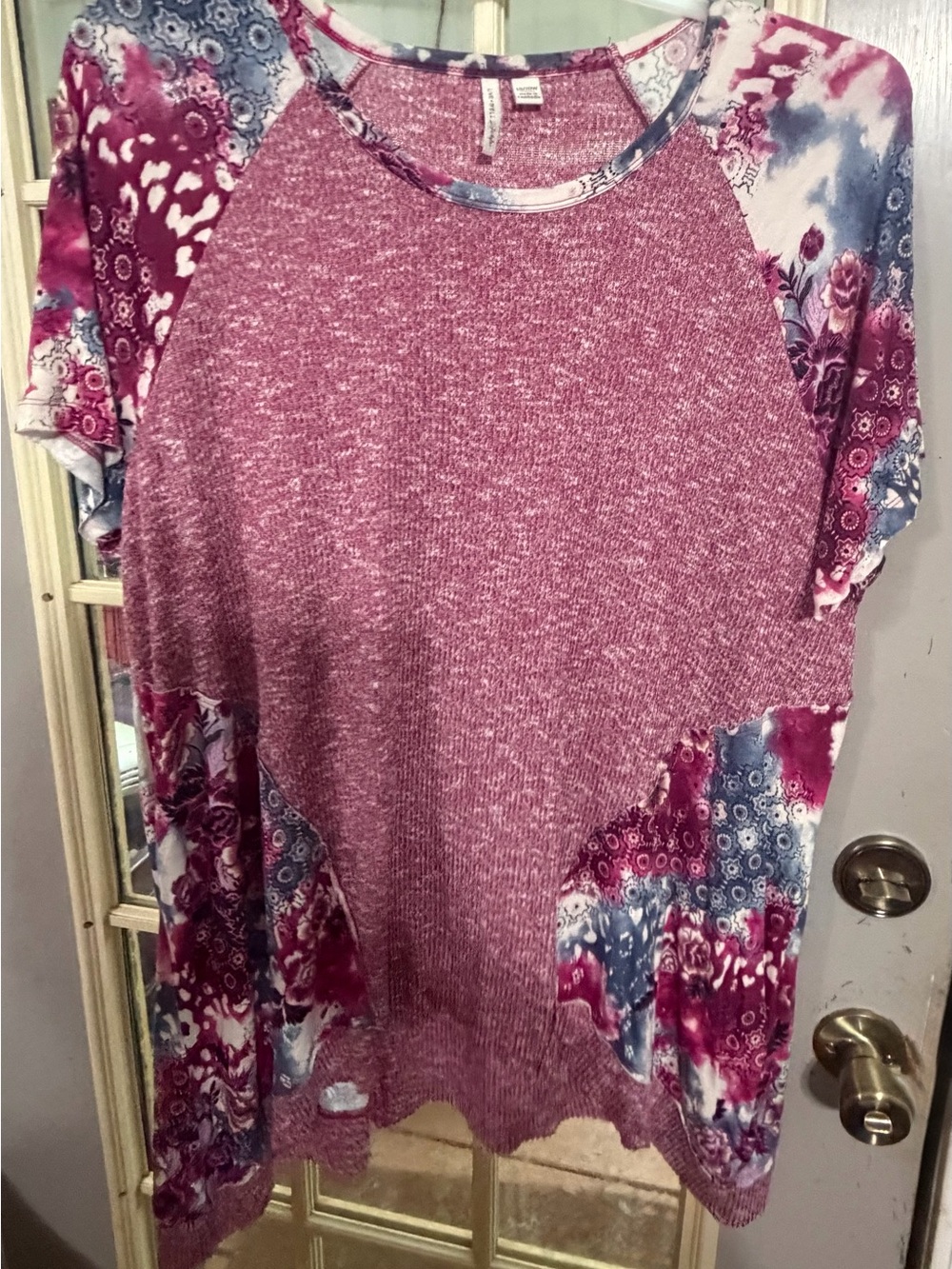 Women's Maroon Mix-Print Raglan Short Sleeve Top